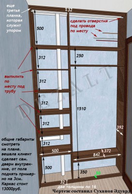 Встроенный шкаф с распашными дверьми, чертеж