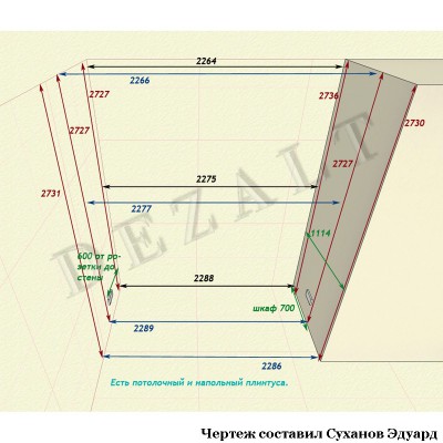 Чертеж встроенного шкафа-купе три двери