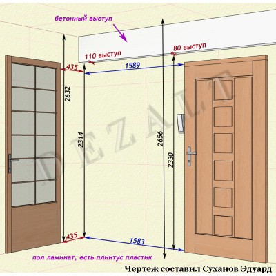 Чертеж шкафа-купе в прихожую, встроенный 