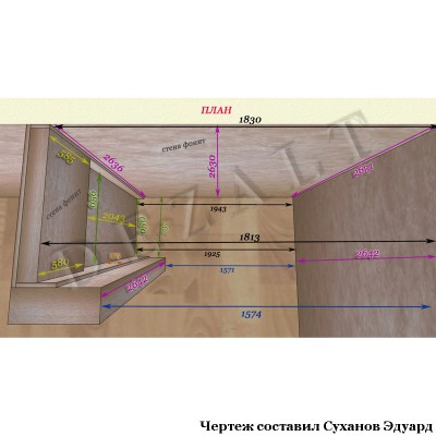 Встроенный шкаф-купе с ящиками - чертеж