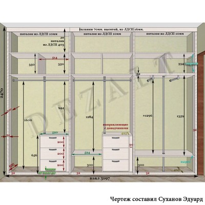 Чертежи встроенного шкафа с распашными дверьми 