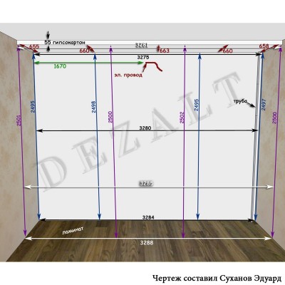 Встроенный шкаф-купе три двери, чертеж