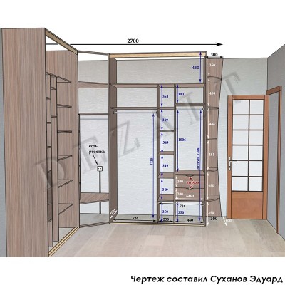 Чертеж углового шкафа-купе