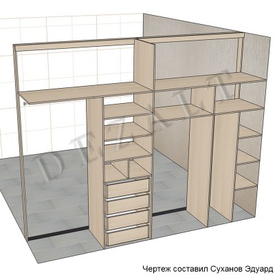 Чертеж встроенного шкафа-купе 4 двери