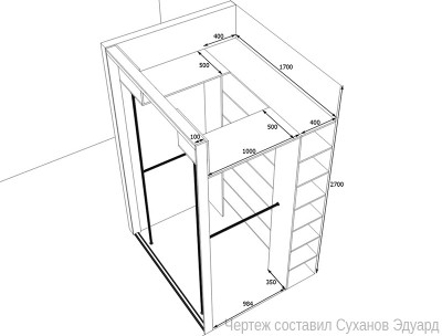 План прямоугольной гардеробной с двумя зеркальными дверьми
