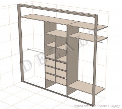 Схема встроенного шкафа-купе с ящиками
