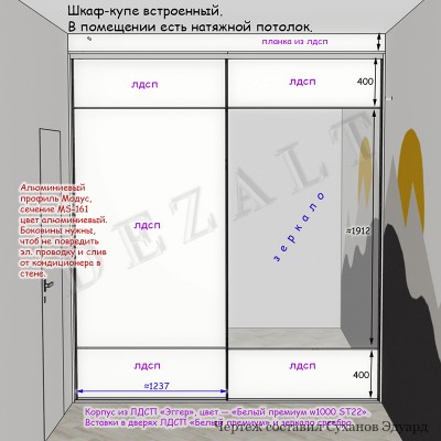 Шкаф-купе 2 двери с зеркалом в детскую
